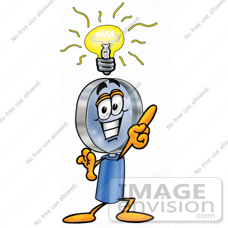 #24619 Clip Art Graphic of a Blue Handled Magnifying Glass Cartoon Character With a Bright Idea by toons4biz