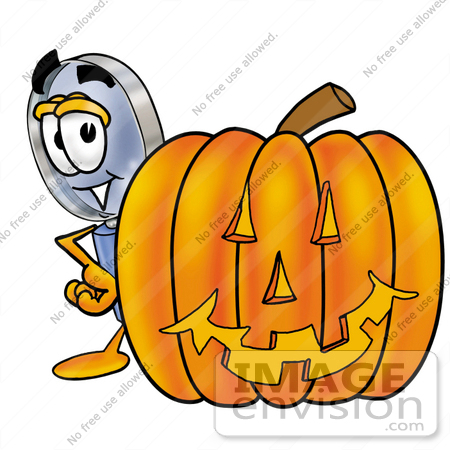 #24620 Clip Art Graphic of a Blue Handled Magnifying Glass Cartoon Character With a Carved Halloween Pumpkin by toons4biz