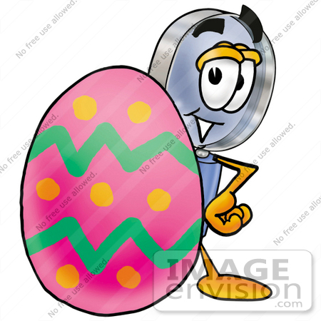 #24621 Clip Art Graphic of a Blue Handled Magnifying Glass Cartoon Character Standing Beside an Easter Egg by toons4biz