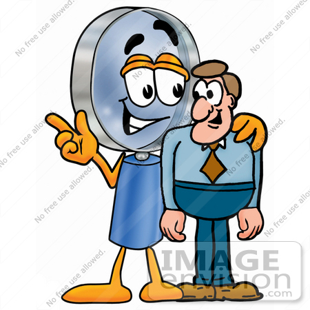 #24624 Clip Art Graphic of a Blue Handled Magnifying Glass Cartoon Character Talking to a Business Man by toons4biz