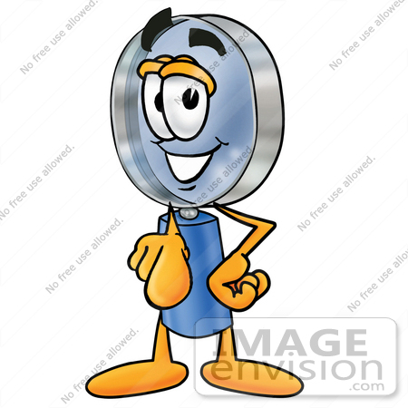 #24625 Clip Art Graphic of a Blue Handled Magnifying Glass Cartoon Character Pointing at the Viewer by toons4biz