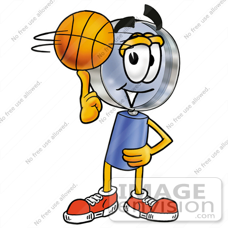 #24630 Clip Art Graphic of a Blue Handled Magnifying Glass Cartoon Character Spinning a Basketball on His Finger by toons4biz