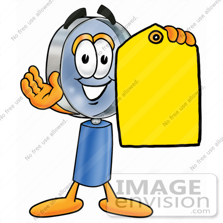 #24631 Clip Art Graphic of a Blue Handled Magnifying Glass Cartoon Character Holding a Yellow Sales Price Tag by toons4biz