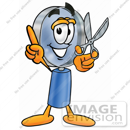 #24632 Clip Art Graphic of a Blue Handled Magnifying Glass Cartoon Character Holding a Pair of Scissors by toons4biz