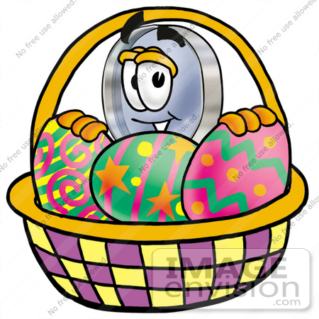 #24633 Clip Art Graphic of a Blue Handled Magnifying Glass Cartoon Character in an Easter Basket Full of Decorated Easter Eggs by toons4biz