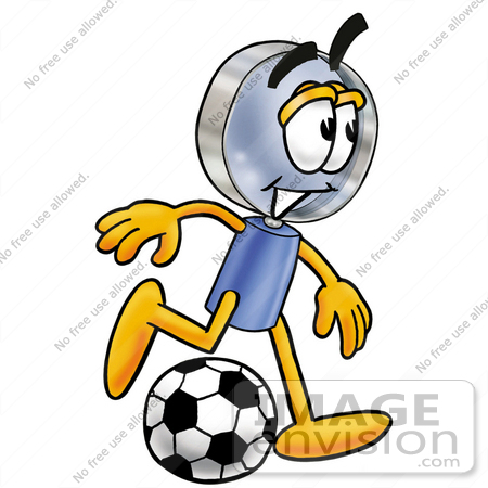 #24635 Clip Art Graphic of a Blue Handled Magnifying Glass Cartoon Character Kicking a Soccer Ball by toons4biz