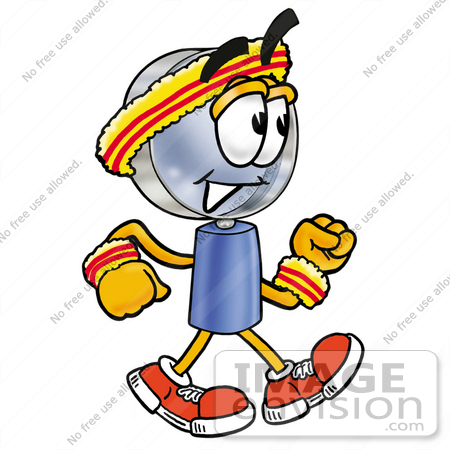 #24636 Clip Art Graphic of a Blue Handled Magnifying Glass Cartoon Character Speed Walking or Jogging by toons4biz
