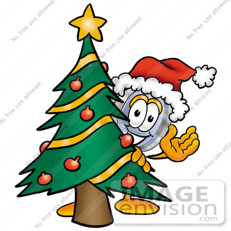 #24637 Clip Art Graphic of a Blue Handled Magnifying Glass Cartoon Character Waving and Standing by a Decorated Christmas Tree by toons4biz