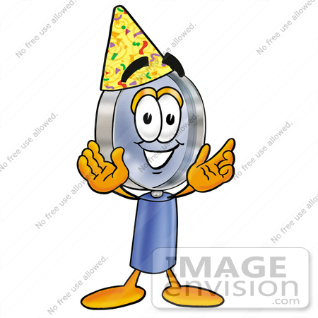 #24638 Clip Art Graphic of a Blue Handled Magnifying Glass Cartoon Character Wearing a Birthday Party Hat by toons4biz