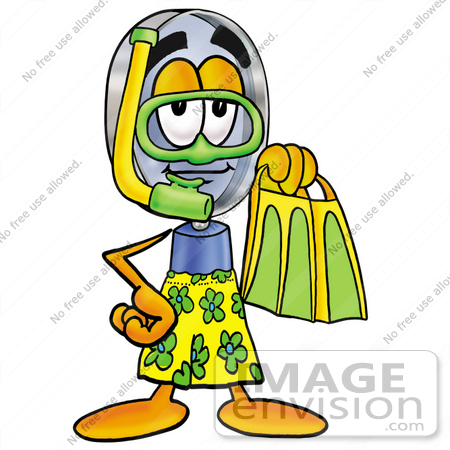 #24639 Clip Art Graphic of a Blue Handled Magnifying Glass Cartoon Character in Green and Yellow Snorkel Gear by toons4biz