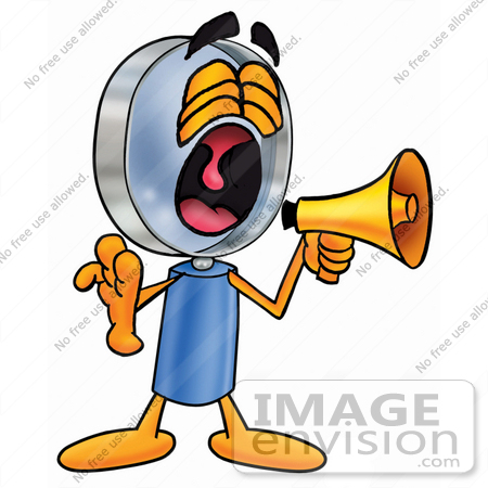 #24640 Clip Art Graphic of a Blue Handled Magnifying Glass Cartoon Character Screaming Into a Megaphone by toons4biz