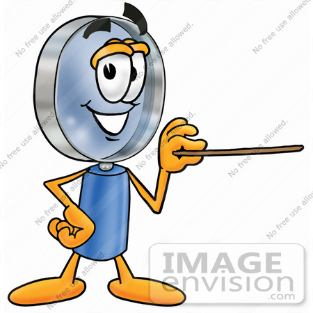 #24641 Clip Art Graphic of a Blue Handled Magnifying Glass Cartoon Character Holding a Pointer Stick by toons4biz