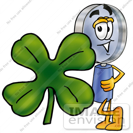 #24644 Clip Art Graphic of a Blue Handled Magnifying Glass Cartoon Character With a Green Four Leaf Clover on St Paddy’s or St Patricks Day by toons4biz