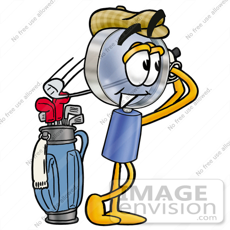 #24646 Clip Art Graphic of a Blue Handled Magnifying Glass Cartoon Character Swinging His Golf Club While Golfing by toons4biz