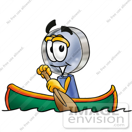#24647 Clip Art Graphic of a Blue Handled Magnifying Glass Cartoon Character Rowing a Boat by toons4biz