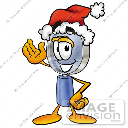 #24650 Clip Art Graphic of a Blue Handled Magnifying Glass Cartoon Character Wearing a Santa Hat and Waving by toons4biz