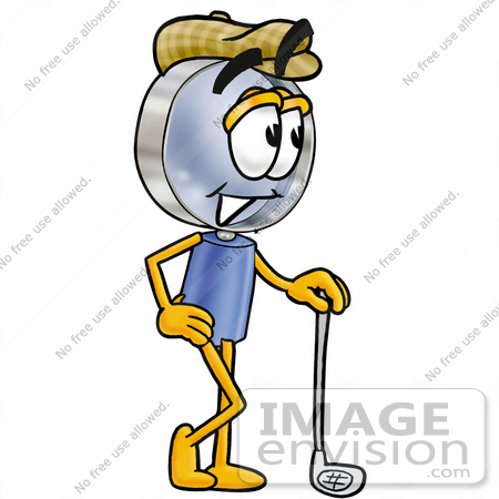 #24651 Clip Art Graphic of a Blue Handled Magnifying Glass Cartoon Character Leaning on a Golf Club While Golfing by toons4biz