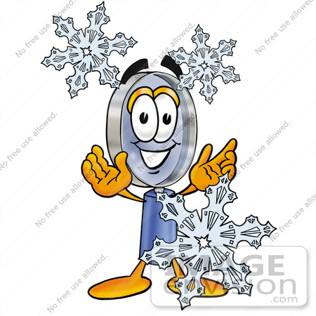 #24653 Clip Art Graphic of a Blue Handled Magnifying Glass Cartoon Character With Three Snowflakes in Winter by toons4biz