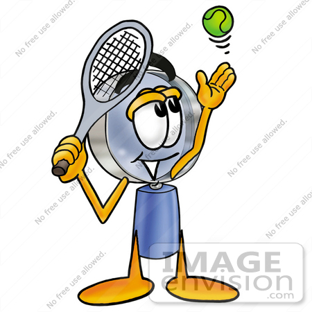 #24655 Clip Art Graphic of a Blue Handled Magnifying Glass Cartoon Character Preparing to Hit a Tennis Ball by toons4biz