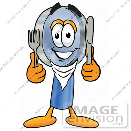 #24657 Clip Art Graphic of a Blue Handled Magnifying Glass Cartoon Character Holding a Knife and Fork by toons4biz