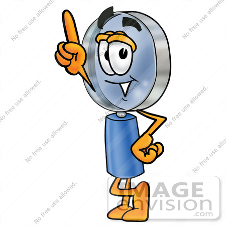 #24660 Clip Art Graphic of a Blue Handled Magnifying Glass Cartoon Character Pointing Upwards by toons4biz