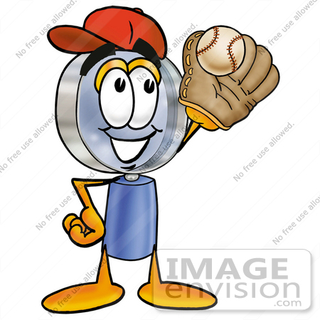 #24661 Clip Art Graphic of a Blue Handled Magnifying Glass Cartoon Character Catching a Baseball With a Glove by toons4biz