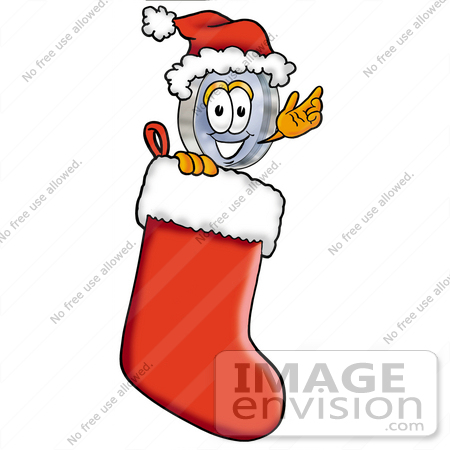 #24662 Clip Art Graphic of a Blue Handled Magnifying Glass Cartoon Character Wearing a Santa Hat Inside a Red Christmas Stocking by toons4biz