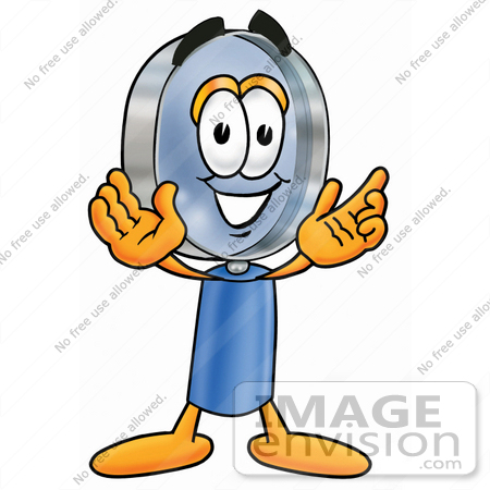 #24663 Clip Art Graphic of a Blue Handled Magnifying Glass Cartoon Character With Welcoming Open Arms by toons4biz