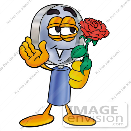 #24664 Clip Art Graphic of a Blue Handled Magnifying Glass Cartoon Character Holding a Red Rose on Valentines Day by toons4biz