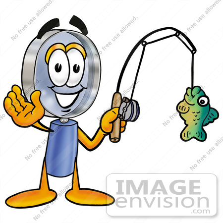 #24665 Clip Art Graphic of a Blue Handled Magnifying Glass Cartoon Character Holding a Fish on a Fishing Pole by toons4biz