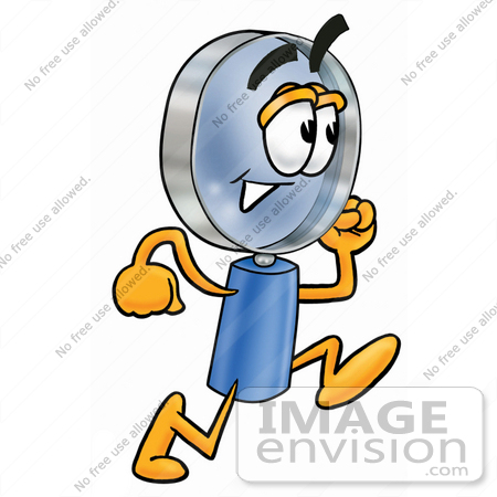 #24666 Clip Art Graphic of a Blue Handled Magnifying Glass Cartoon Character Running by toons4biz