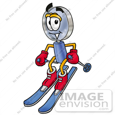 #24667 Clip Art Graphic of a Blue Handled Magnifying Glass Cartoon Character Skiing Downhill by toons4biz