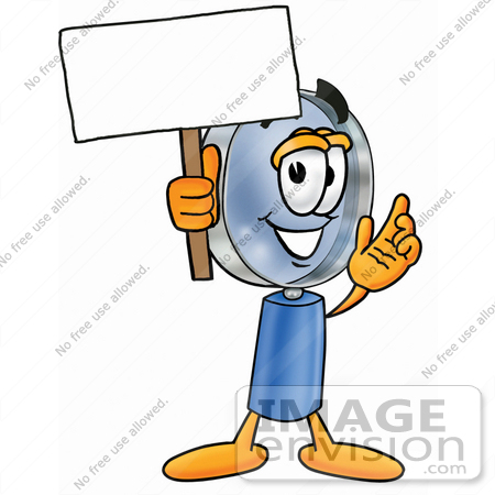 #24668 Clip Art Graphic of a Blue Handled Magnifying Glass Cartoon Character Holding a Blank Sign by toons4biz
