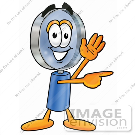 #24669 Clip Art Graphic of a Blue Handled Magnifying Glass Cartoon Character Waving and Pointing by toons4biz