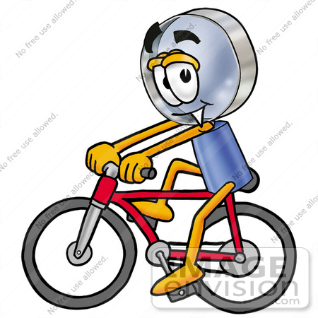 #24671 Clip Art Graphic of a Blue Handled Magnifying Glass Cartoon Character Riding a Bicycle by toons4biz