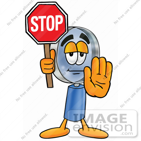 #24673 Clip Art Graphic of a Blue Handled Magnifying Glass Cartoon Character Holding a Stop Sign by toons4biz
