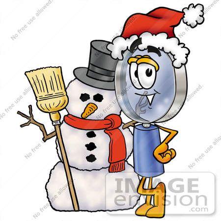 #24674 Clip Art Graphic of a Blue Handled Magnifying Glass Cartoon Character With a Snowman on Christmas by toons4biz