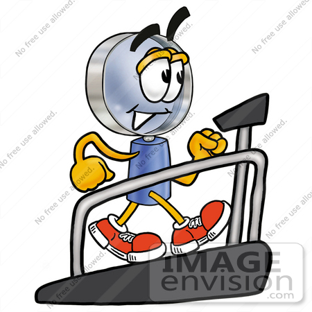 #24675 Clip Art Graphic of a Blue Handled Magnifying Glass Cartoon Character Walking on a Treadmill in a Fitness Gym by toons4biz