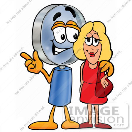 #24676 Clip Art Graphic of a Blue Handled Magnifying Glass Cartoon Character Talking to a Pretty Blond Woman by toons4biz