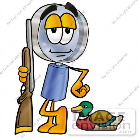 #24677 Clip Art Graphic of a Blue Handled Magnifying Glass Cartoon Character Duck Hunting, Standing With a Rifle and Duck by toons4biz