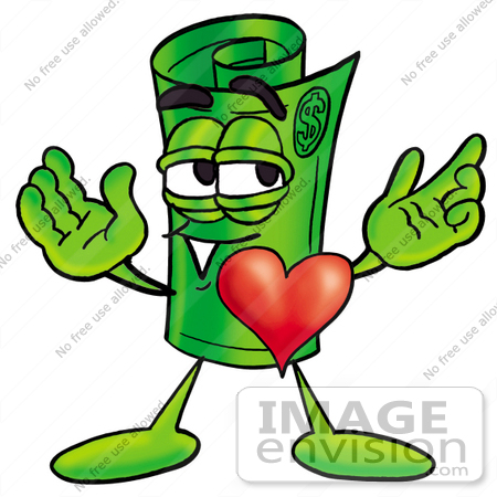 #24679 Clip Art Graphic of a Rolled Greenback Dollar Bill Banknote Cartoon Character With His Heart Beating Out of His Chest by toons4biz