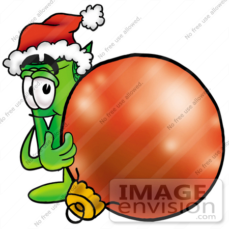 #24682 Clip Art Graphic of a Rolled Greenback Dollar Bill Banknote Cartoon Character Wearing a Santa Hat, Standing With a Christmas Bauble by toons4biz