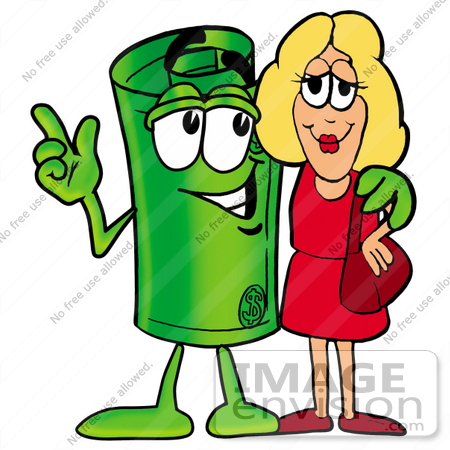 #24683 Clip Art Graphic of a Rolled Greenback Dollar Bill Banknote Cartoon Character Talking to a Pretty Blond Woman by toons4biz
