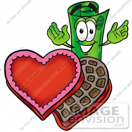#24685 Clip Art Graphic of a Rolled Greenback Dollar Bill Banknote Cartoon Character With an Open Box of Valentines Day Chocolate Candies by toons4biz