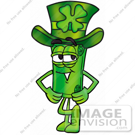 #24686 Clip Art Graphic of a Rolled Greenback Dollar Bill Banknote Cartoon Character Wearing a Saint Patricks Day Hat With a Clover on it by toons4biz
