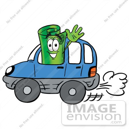 #24687 Clip Art Graphic of a Rolled Greenback Dollar Bill Banknote Cartoon Character Driving a Blue Car and Waving by toons4biz