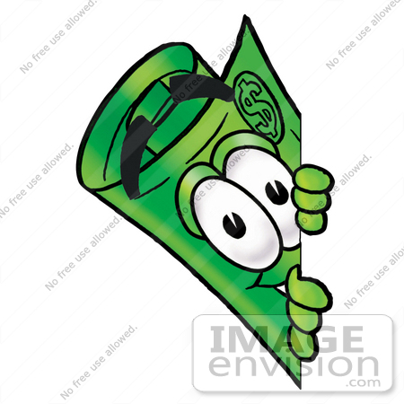 #24689 Clip Art Graphic of a Rolled Greenback Dollar Bill Banknote Cartoon Character Peeking Around a Corner by toons4biz