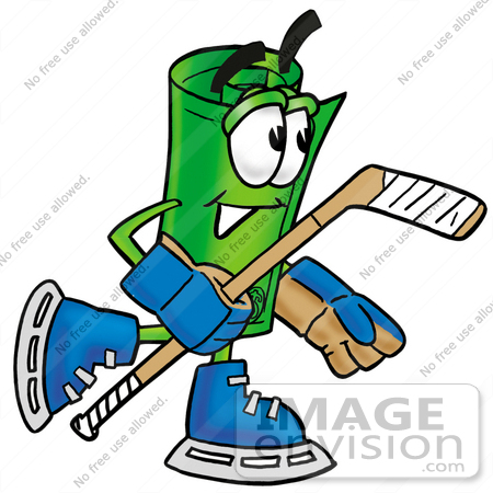 #24691 Clip Art Graphic of a Rolled Greenback Dollar Bill Banknote Cartoon Character Playing Ice Hockey by toons4biz