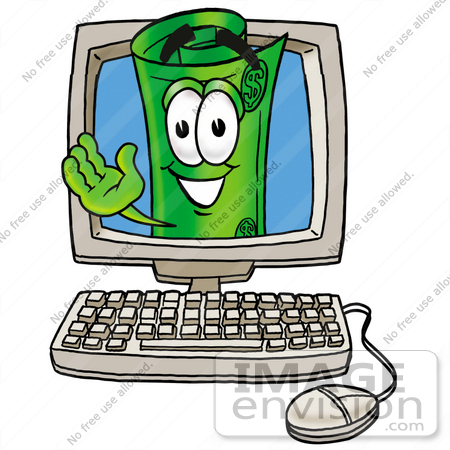 #24692 Clip Art Graphic of a Rolled Greenback Dollar Bill Banknote Cartoon Character Waving From Inside a Computer Screen by toons4biz