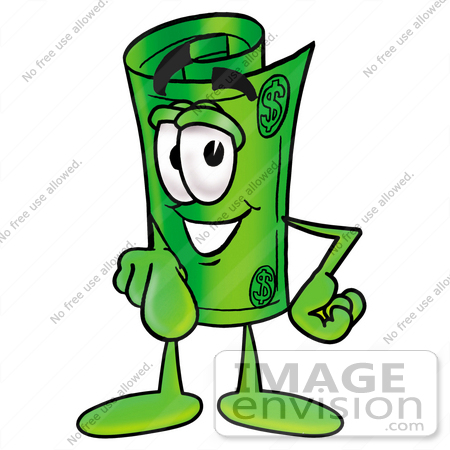 #24694 Clip Art Graphic of a Rolled Greenback Dollar Bill Banknote Cartoon Character Pointing at the Viewer by toons4biz